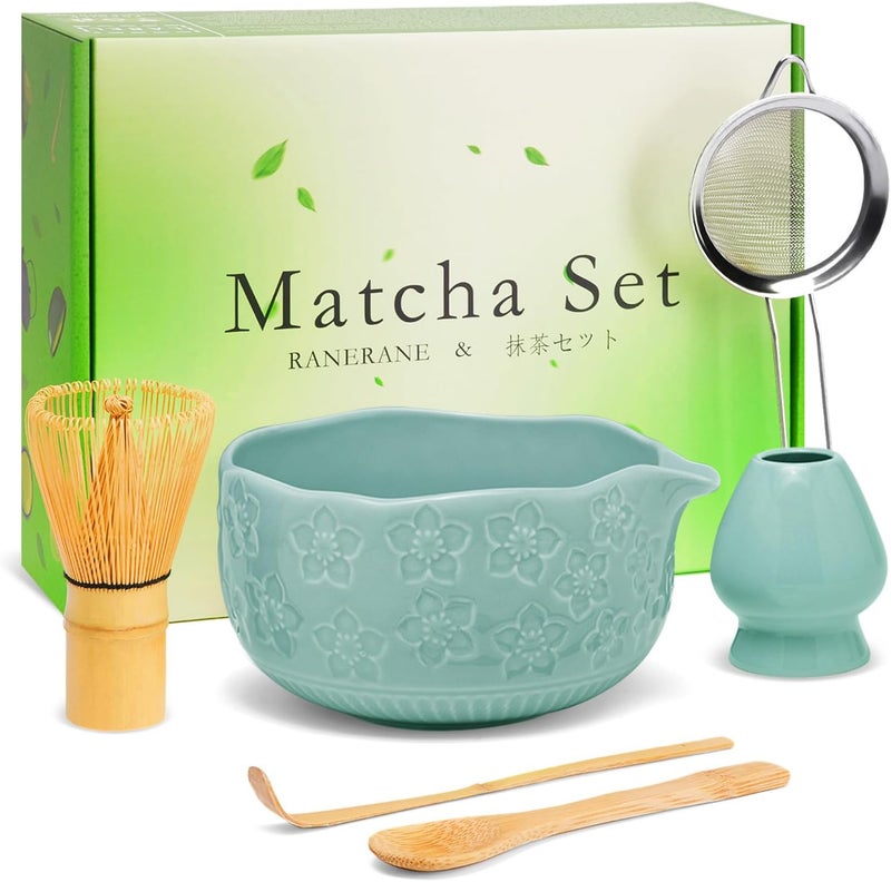 RANERANE Matcha Whisk Set, Sakura Blue Ceramic Matcha Set Includes Matcha Bowl, Matcha Whisk (Chasen) and Holder, Sifter, Bamboo Scoop & Spoon - 6 Pcs Matcha Kit for Matcha Lovers - Image 1